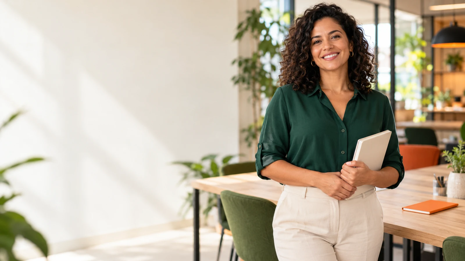 Empreendedora em um ambiente de trabalho claro e acolhedor.